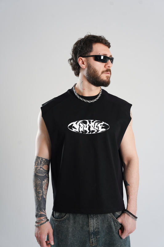 Oversized cropped sleeveless t-shirt in black
